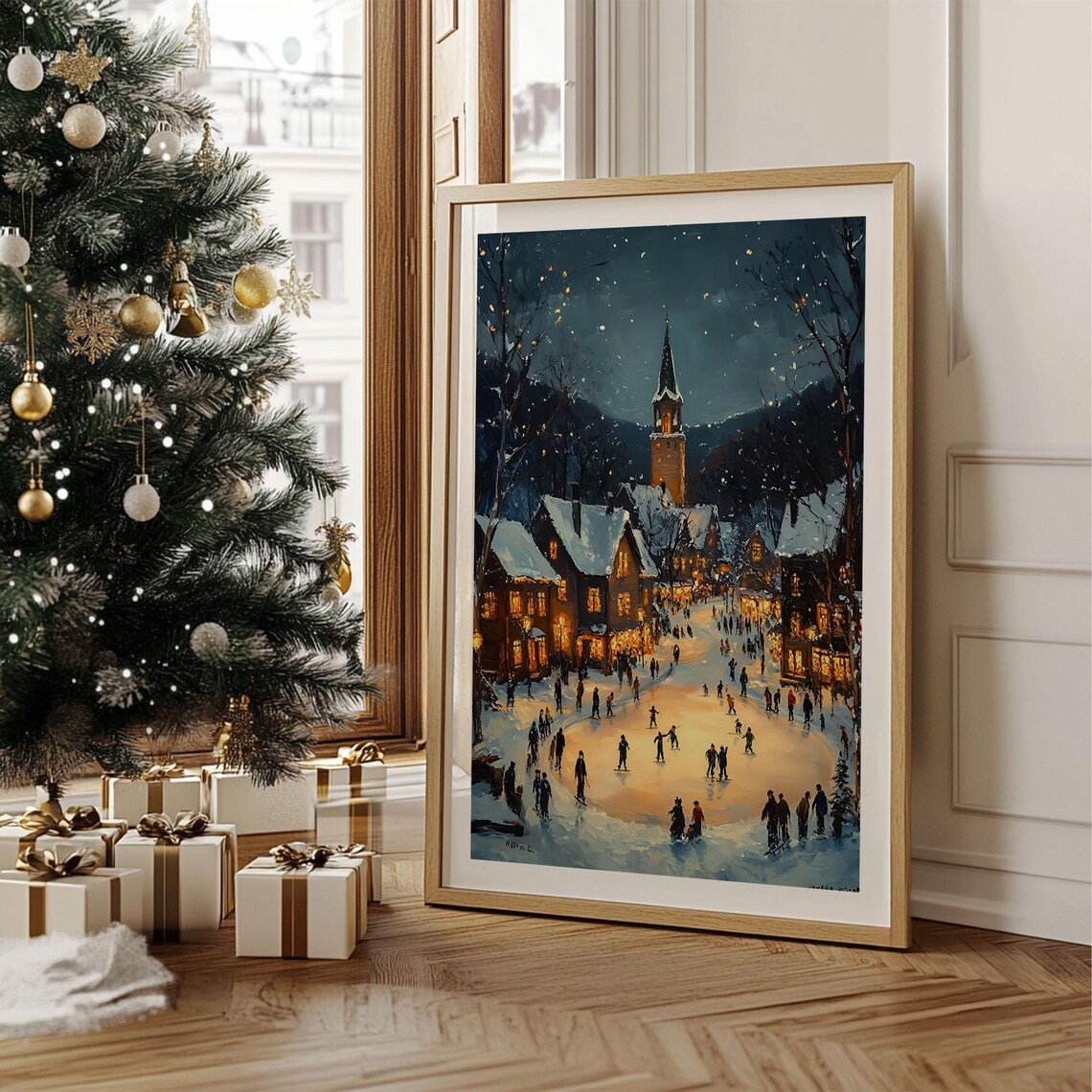 Village Ice Rink Night Church Tower Snowy Town Oil Painting Poster - Image 3