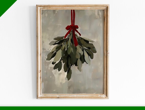 Hanging Mistletoe Bunch Tied with Red Ribbon Minimal Winter Wall Art