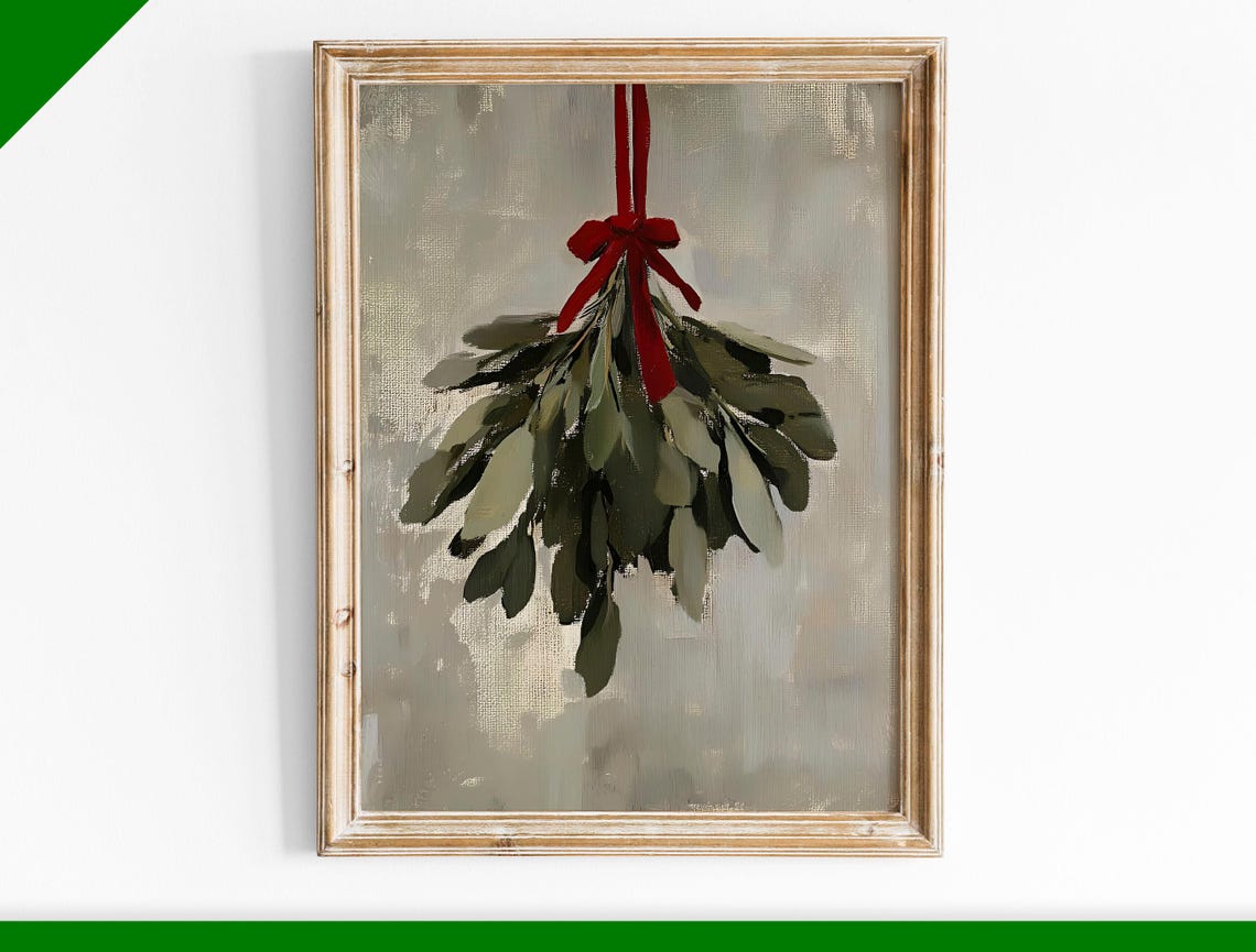 Hanging Mistletoe Bunch Tied with Red Ribbon Minimal Winter Wall Art