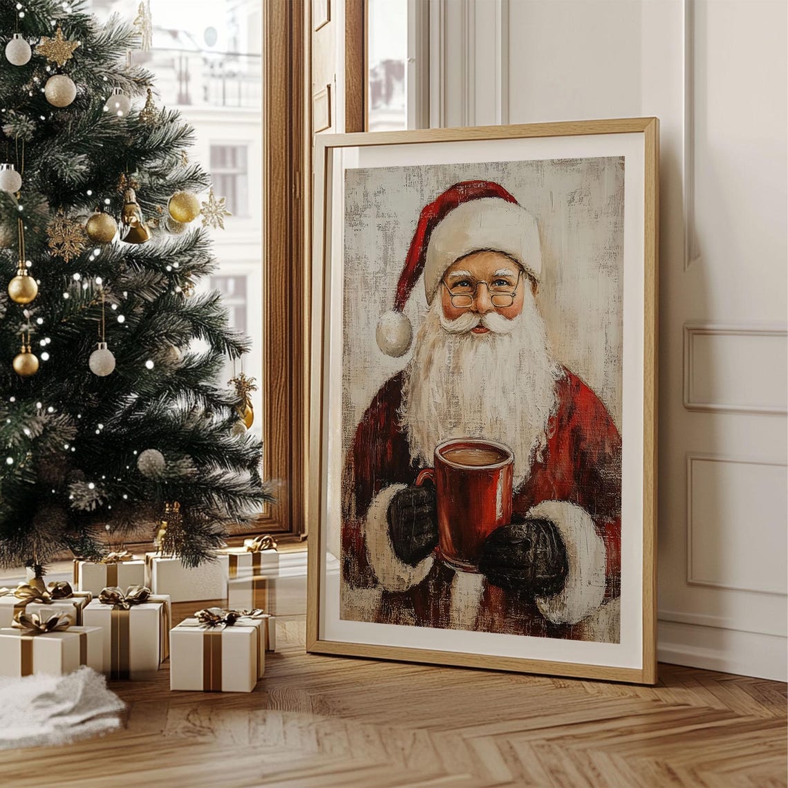 Santa Claus Holding Red Cocoa Mug Glasses Rustic Portrait Poster - Image 3