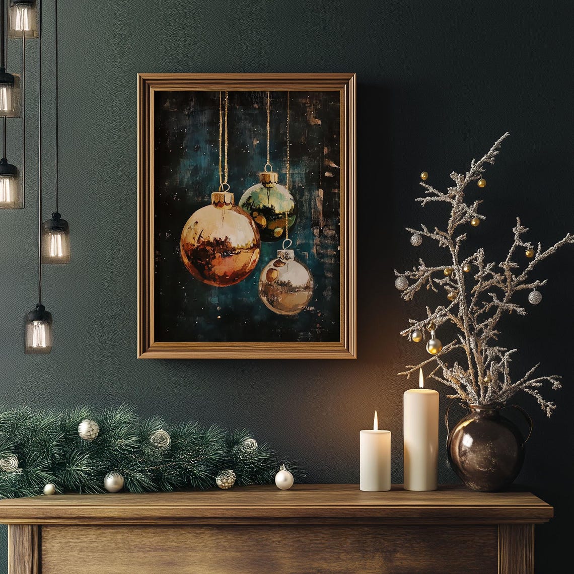 Metallic Gold Green and Silver Baubles on Dark Teal Christmas Poster - Image 5