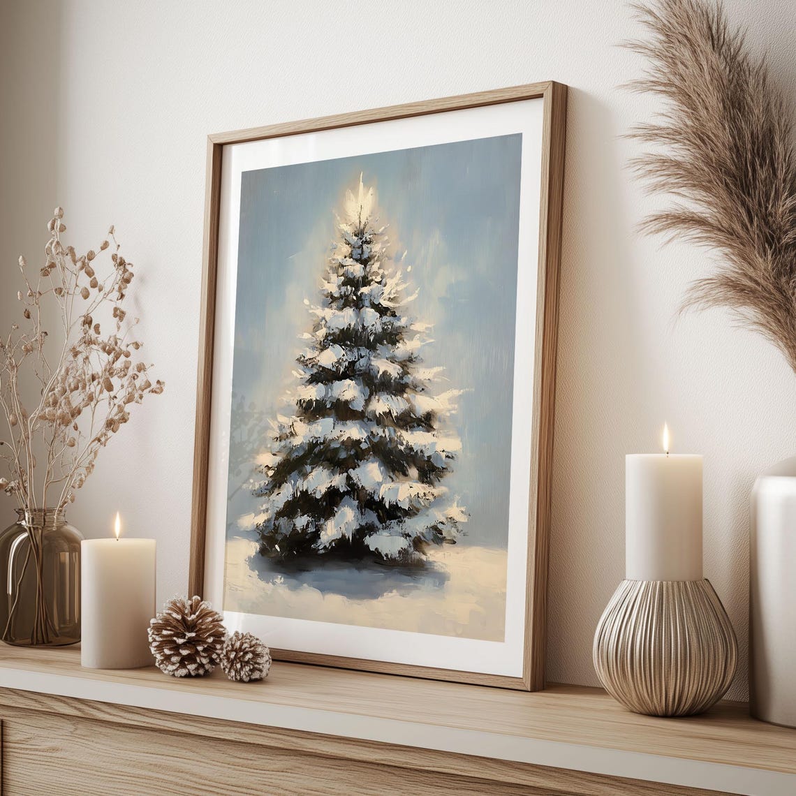 Snow Covered Pine Tree with Winter Glow Oil Painting Christmas Poster - Image 3
