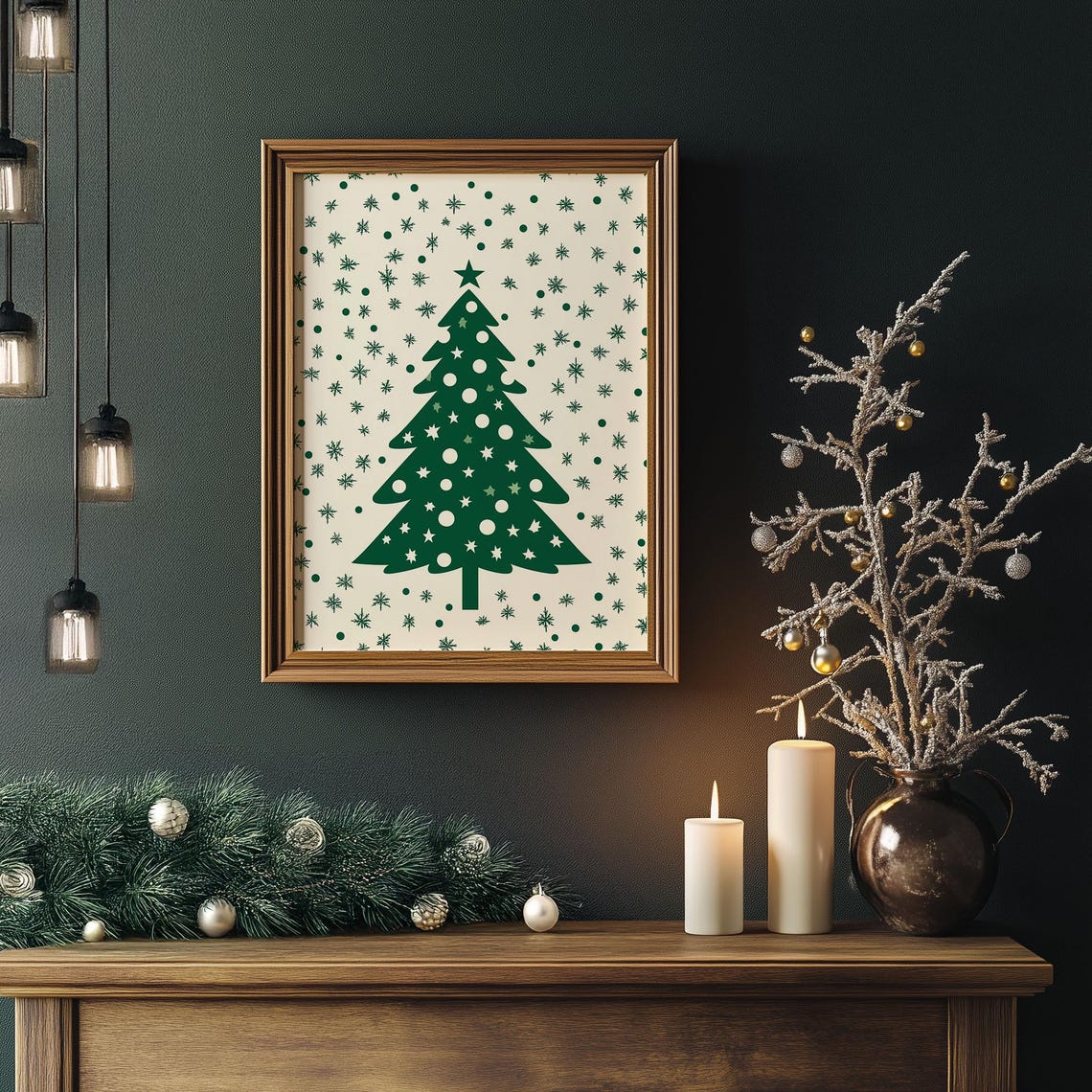 Modern Minimalist Green Christmas Tree Starry Holiday Wall Art - Image 4