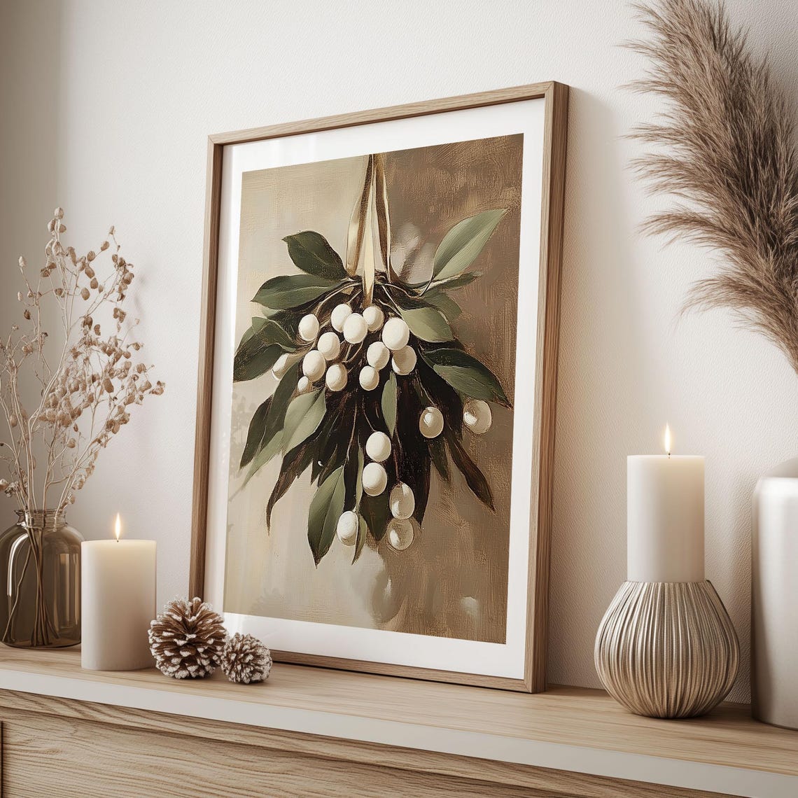Hanging Mistletoe With White Berries Vintage Botanical Wall Art - Image 3