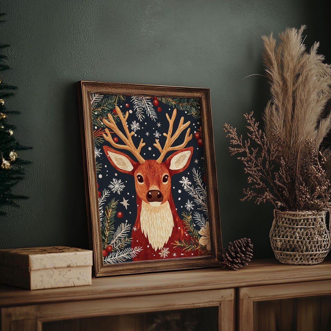 Folk Art Reindeer Head with Pine and Berries Navy Christmas Poster - Image 7