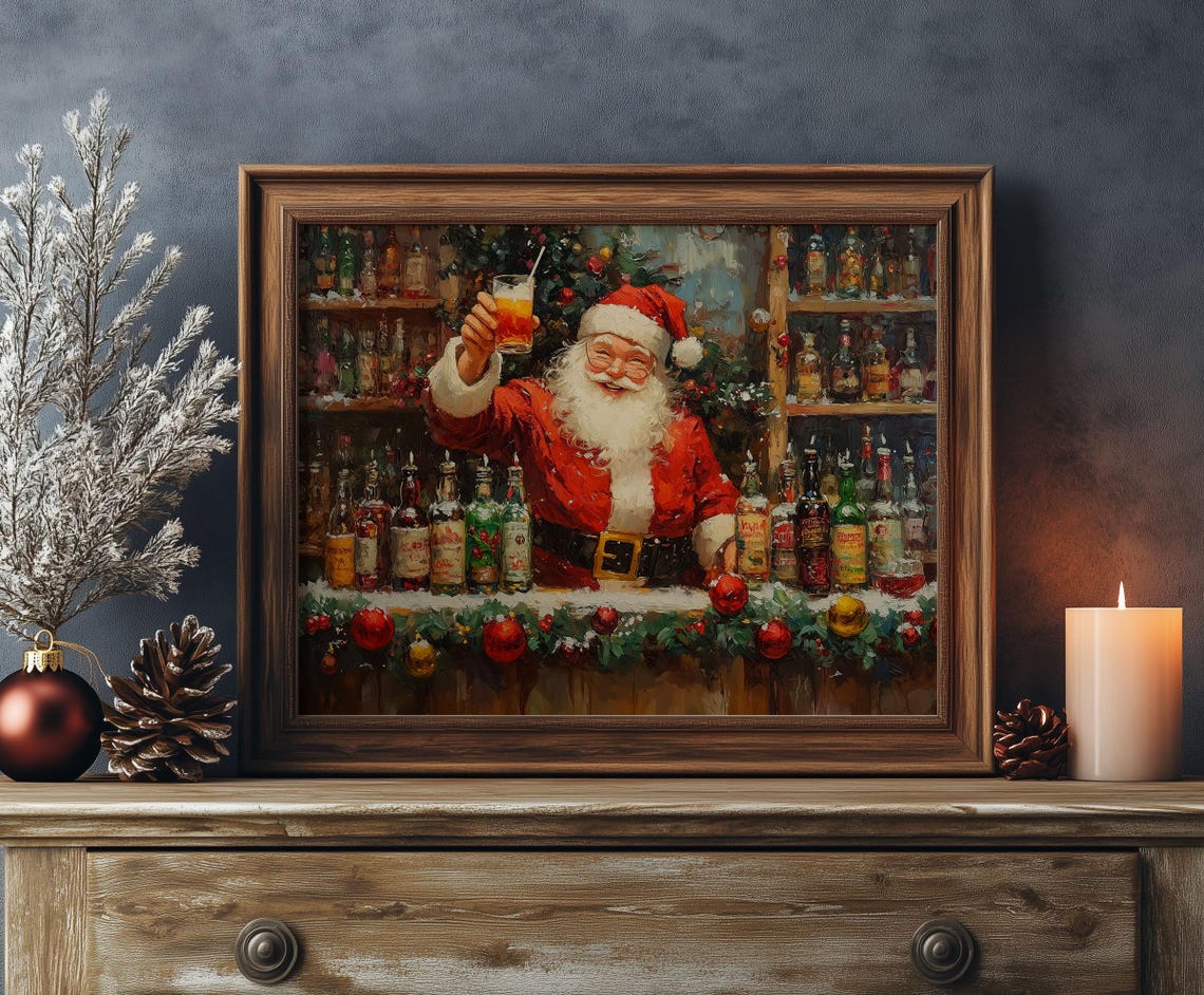 Festive Santa Claus Bartender Raising Cocktail at Holiday Bar Poster - Image 3