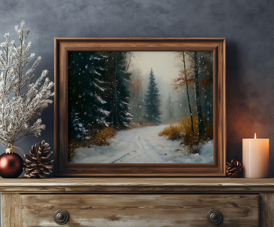 Snowy Forest Path Winter Landscape Vintage Oil Painting Poster - Image 2