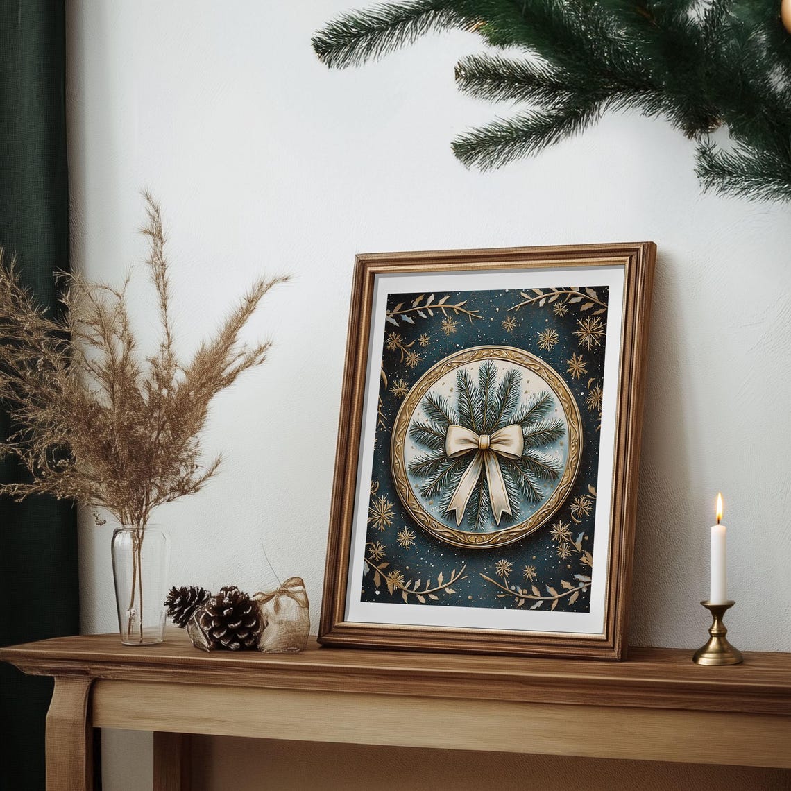 Frosted Pine Wreath Ivory Bow Vintage Holiday Medallion Poster - Image 7