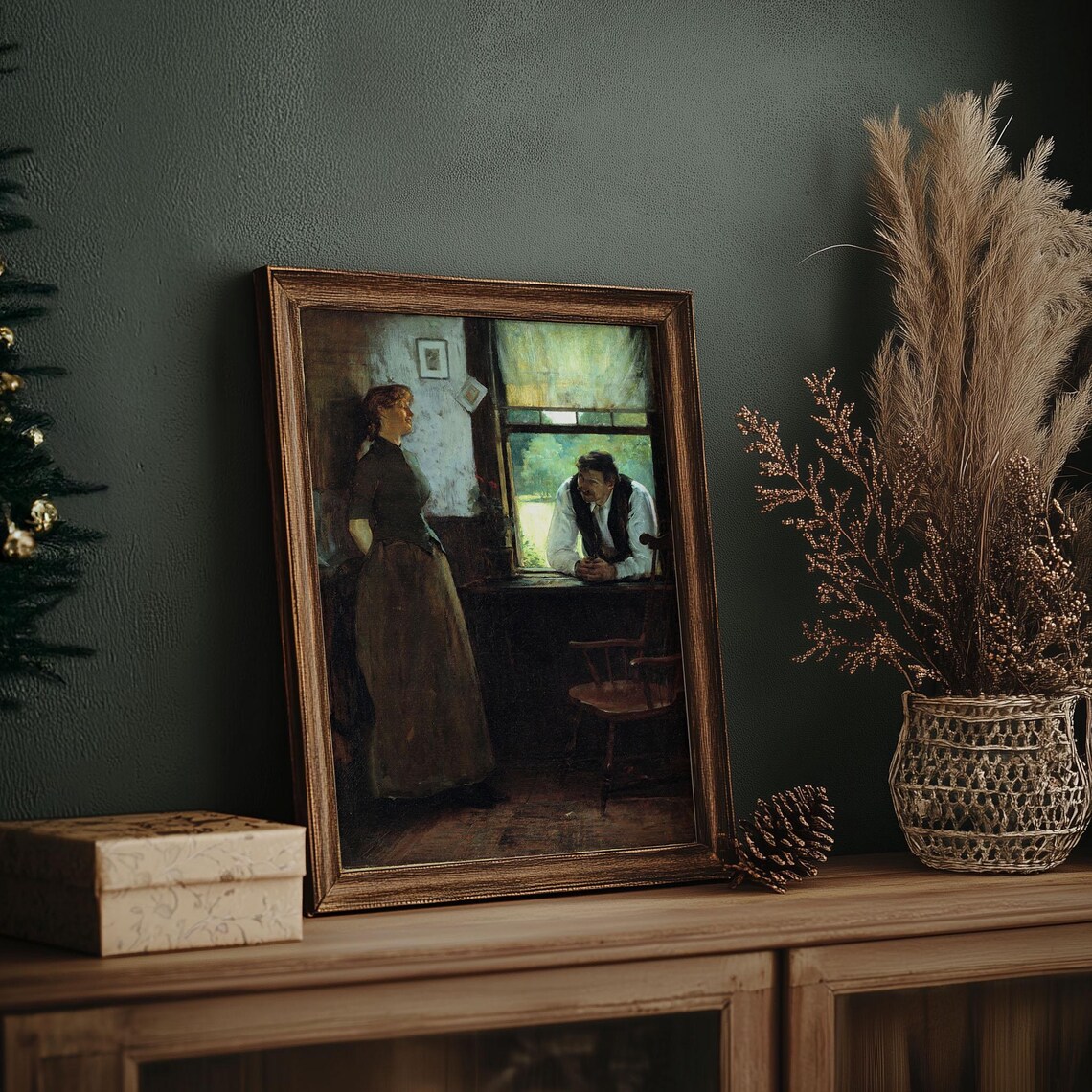 Woman and Man at Window Rustic Vintage Interior Oil Painting Poster - Image 7