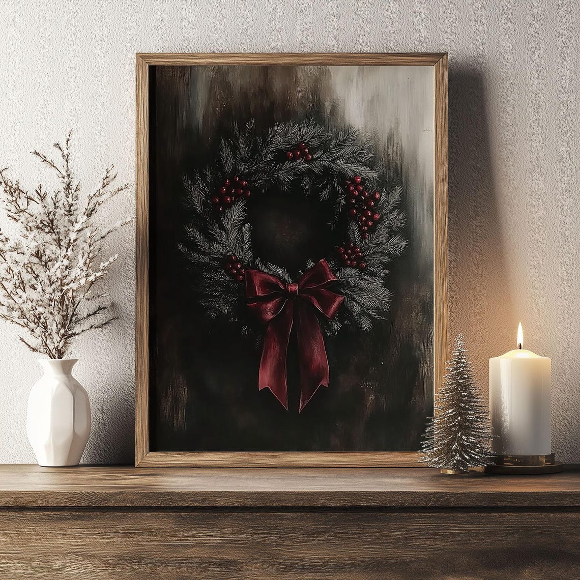 Frosted Pine Wreath with Red Berries and Burgundy Bow Christmas Poster - Image 6