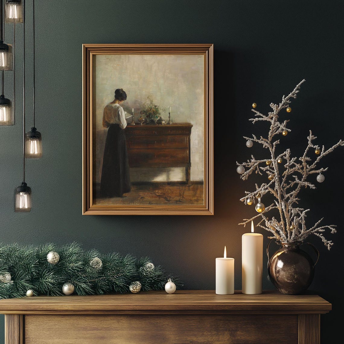 Woman Reading at Sideboard Candlelight Vintage Interior Poster - Image 2