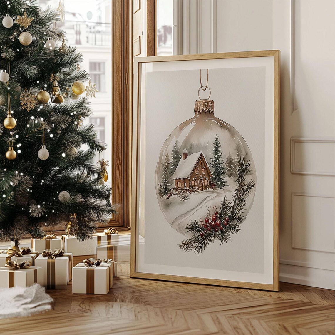 Snow Cabin Glass Ornament Village Watercolor Christmas Wall Art - Image 2