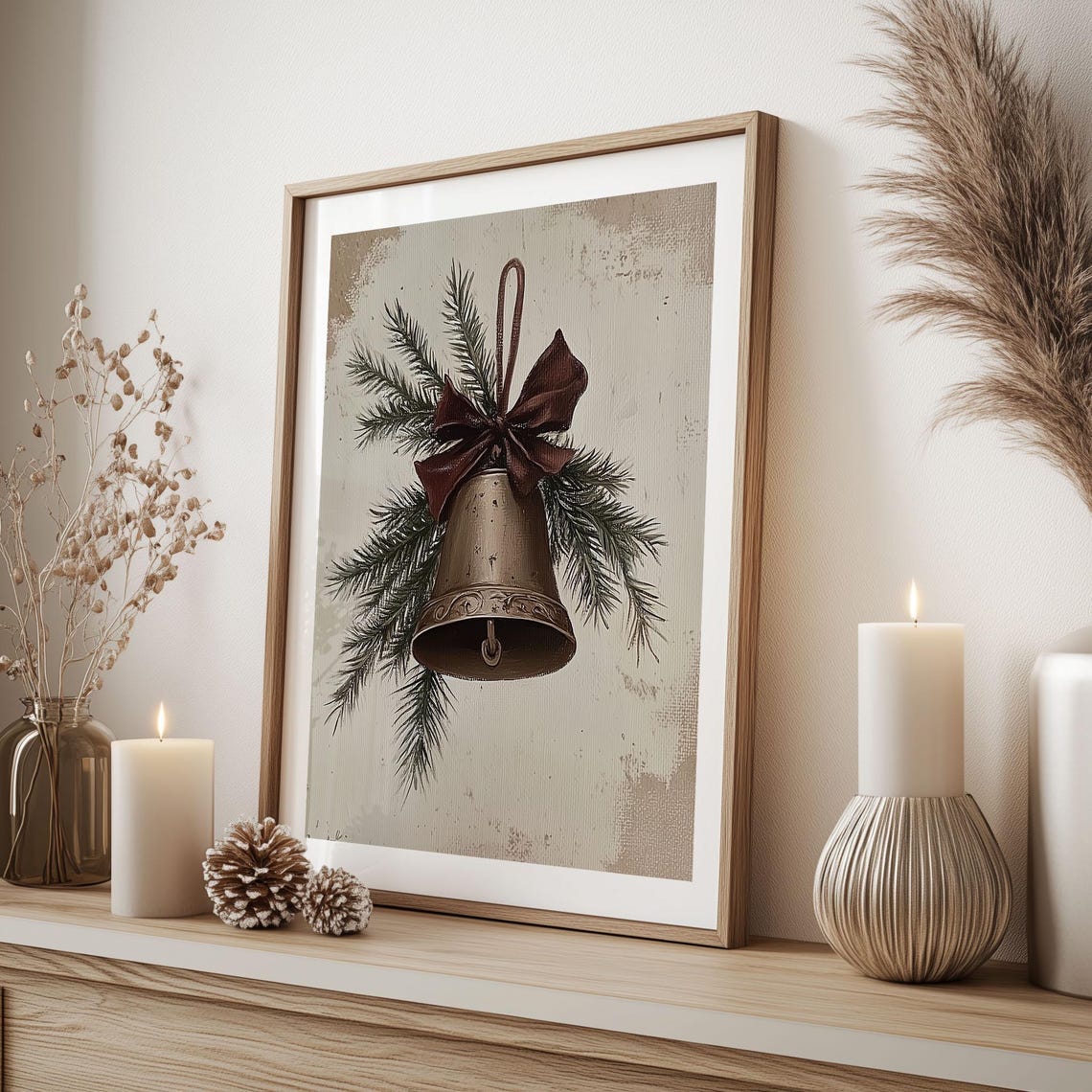 Antique Brass Bell With Burgundy Bow Pine Sprigs Rustic Poster - Image 2