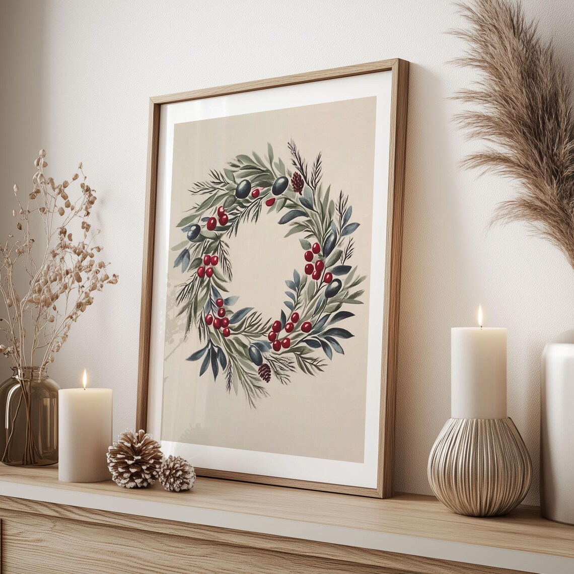 Watercolor Christmas Wreath Berry Pine Rustic Holiday Art Print - Image 3