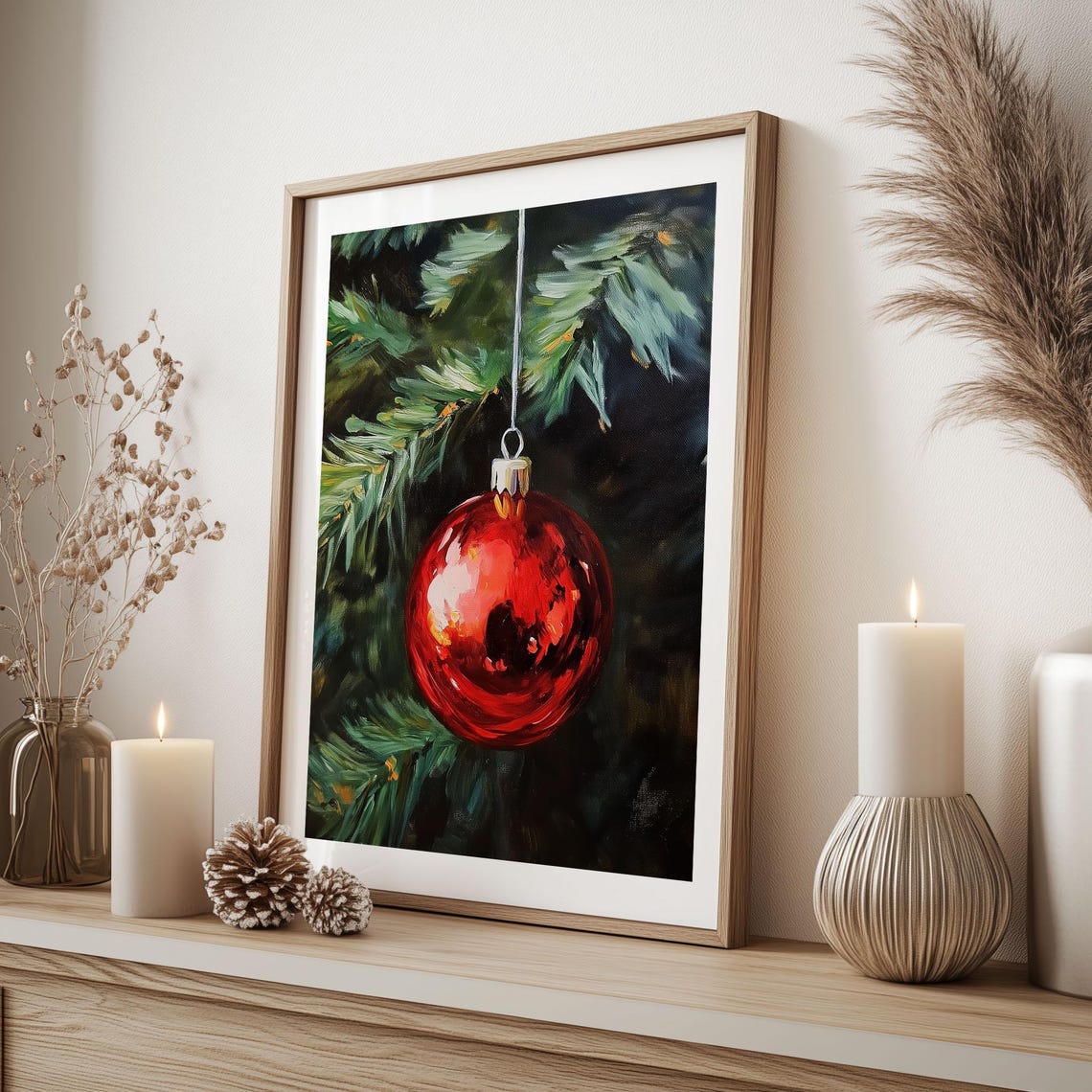 Single Red Bauble on Pine Branch Close Up Christmas Ornament Poster - Image 3
