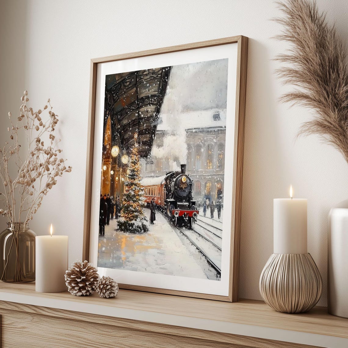 Vintage Steam Train at Snowy Christmas Station Oil Painting Poster - Image 2