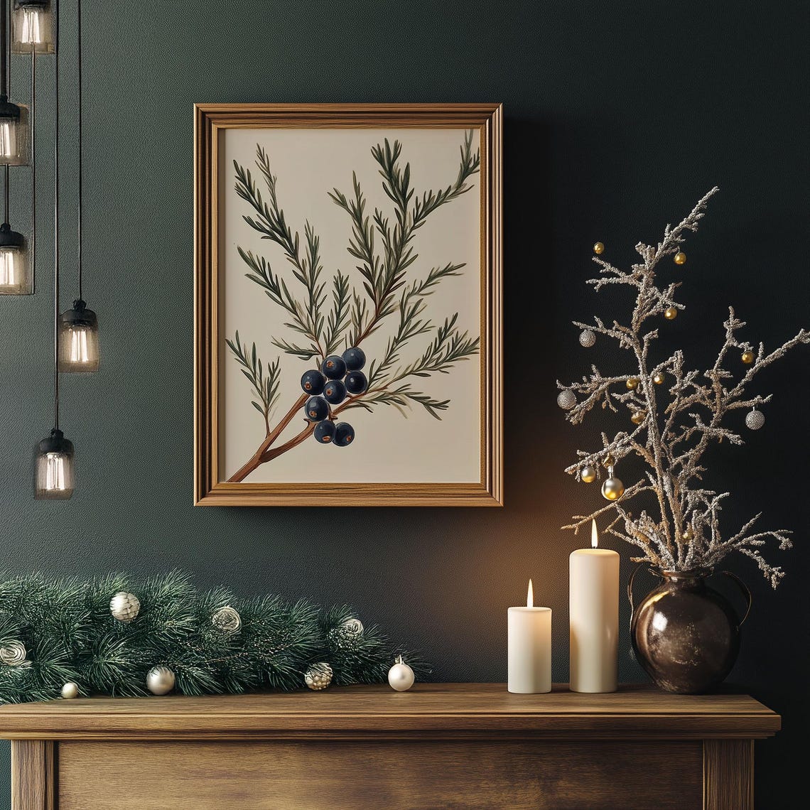 Juniper Branch With Dark Berries Vintage Botanical Winter Wall Art - Image 3