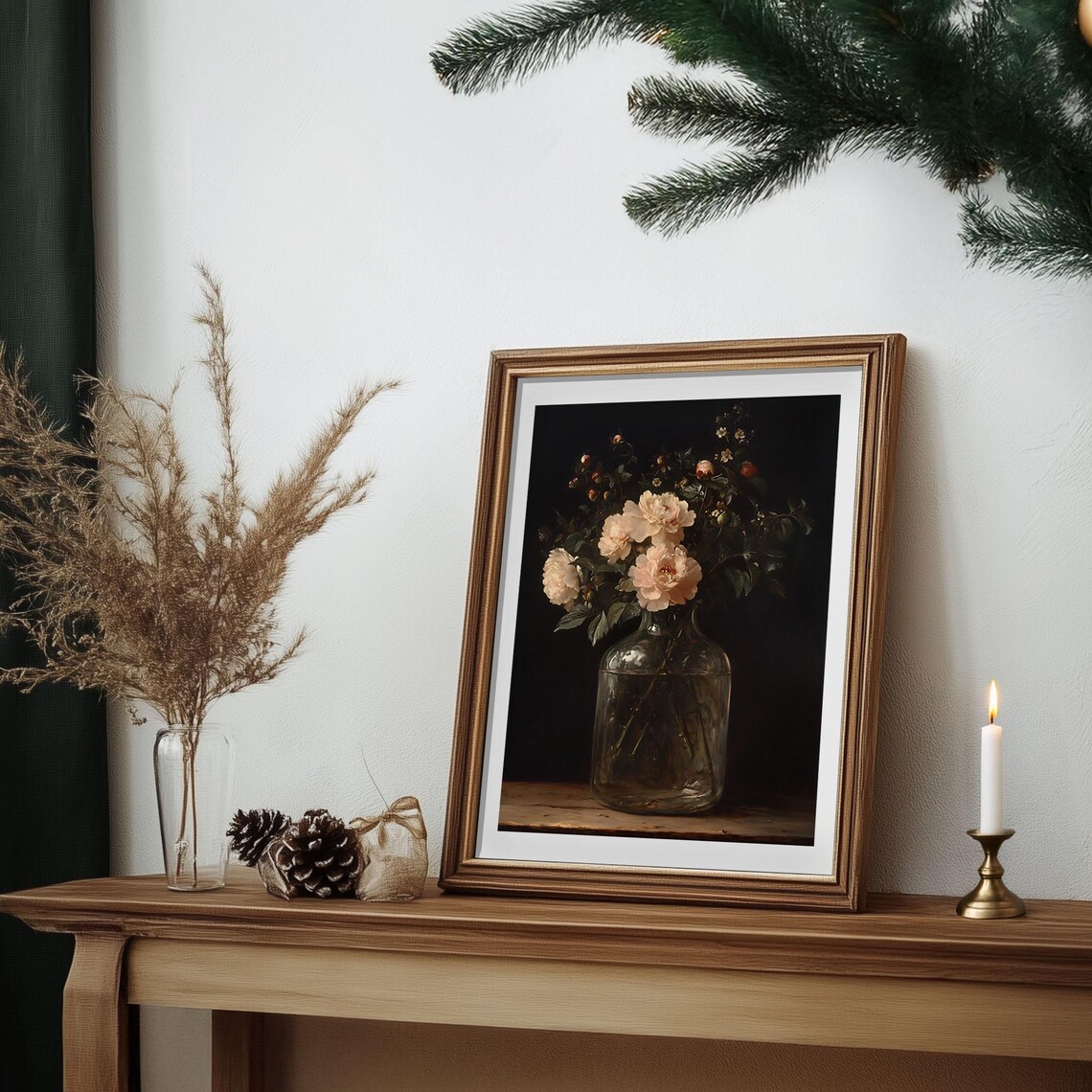 Dark Moody White Peony Flowers in Glass Vase Still Life Poster - Image 6