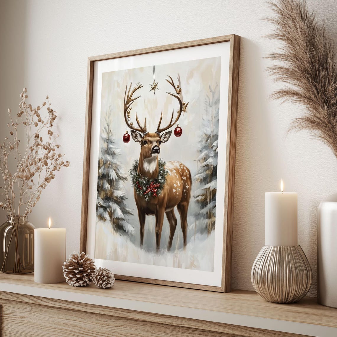 Festive Deer with Ornaments on Antlers and Wreath Christmas Poster - Image 2