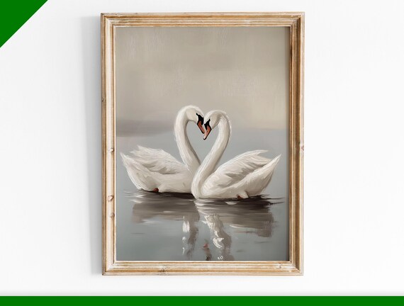 Two White Swans Forming Heart Shape Romantic Lake Painting Poster