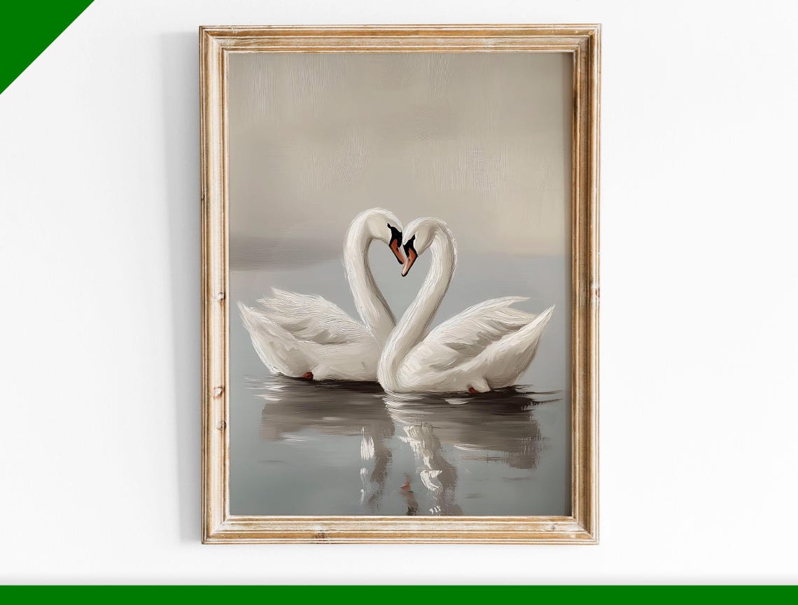 Two White Swans Forming Heart Shape Romantic Lake Painting Poster