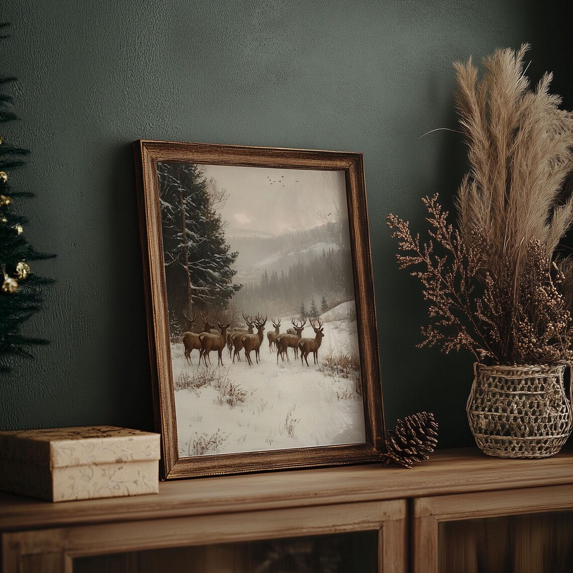 Herd of Deer in Snowy Mountain Forest Vintage Wildlife Poster - Image 7