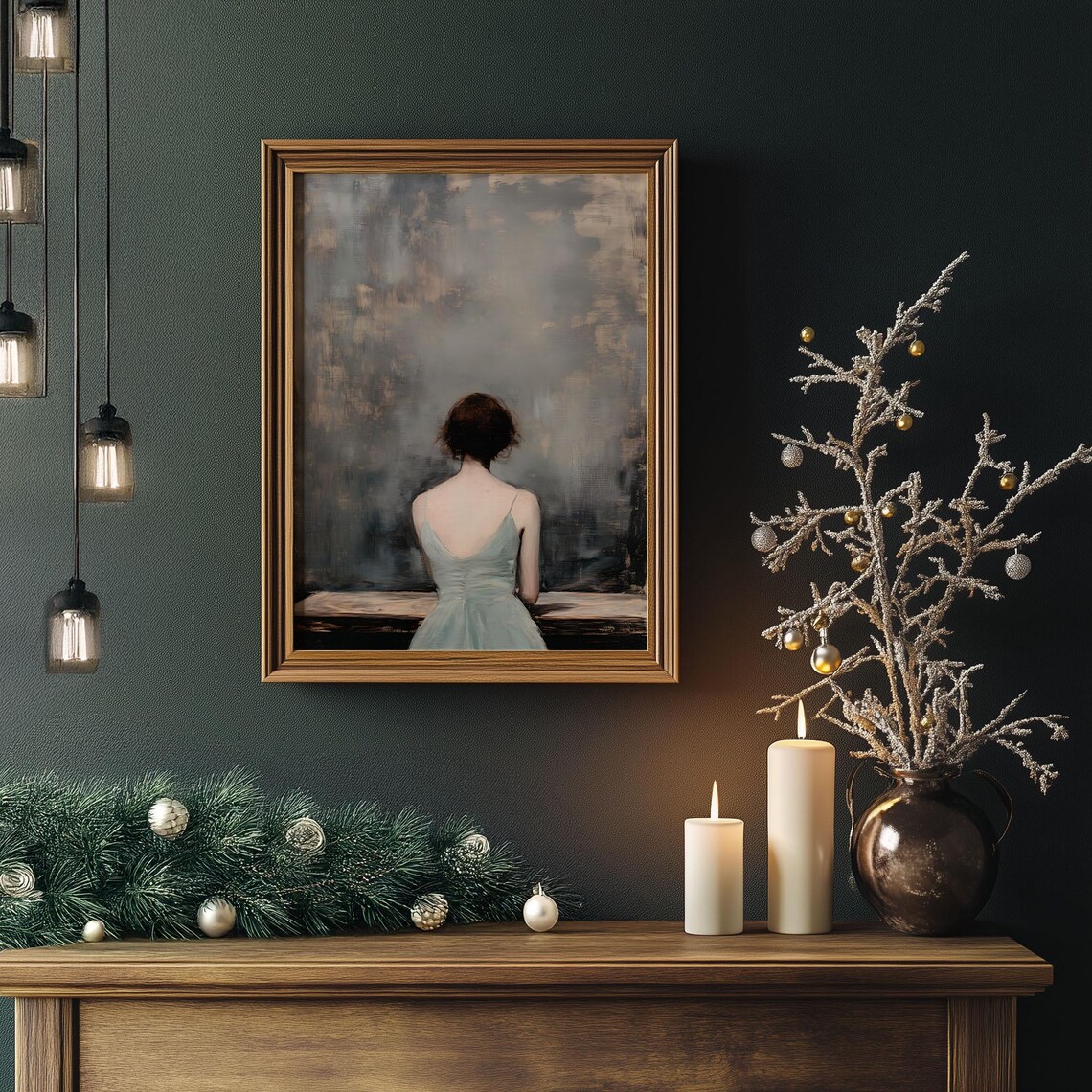 Woman in Blue Dress from Behind Moody Vintage Interior Wall Art - Image 4