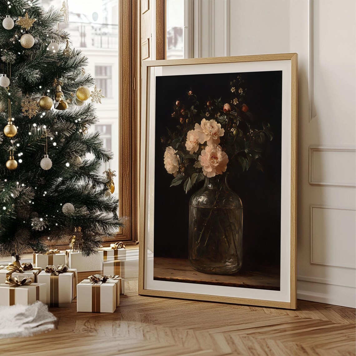 Dark Moody White Peony Flowers in Glass Vase Still Life Poster - Image 4