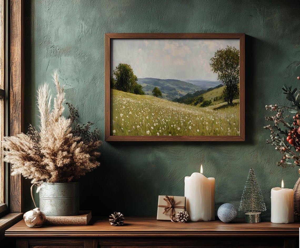 White Wildflower Meadow Rolling Hills Summer Landscape Oil Poster - Image 4