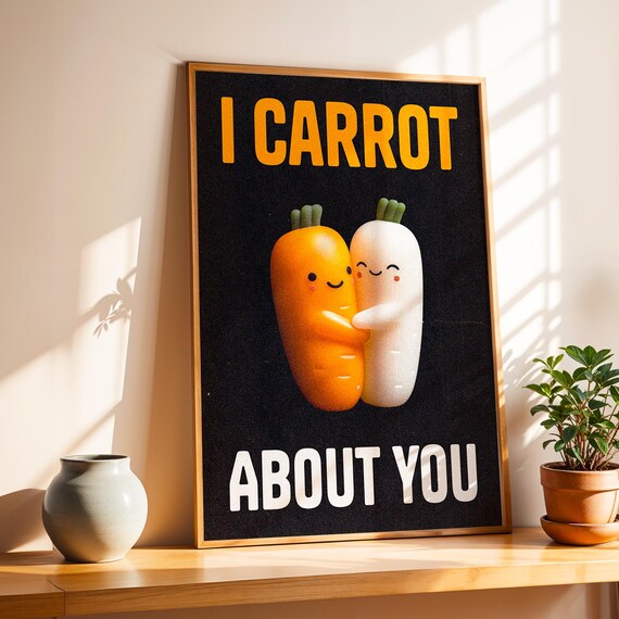 I Carrot About You Art Cute Vegetable Pun Poster Retro Carrot Turnip Wall Decor Vintage Typography Funny Love Print
