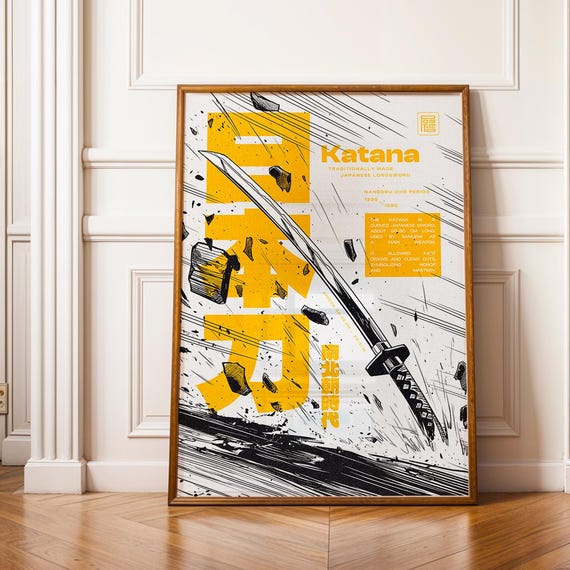 Katana Japanese Sword Wall Art Print Retro Bold Orange Samurai Poster Manga Style Japandi Decor Gift For Him Anime Fans