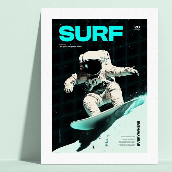 Astronaut Surfing Poster, Space Surf Art