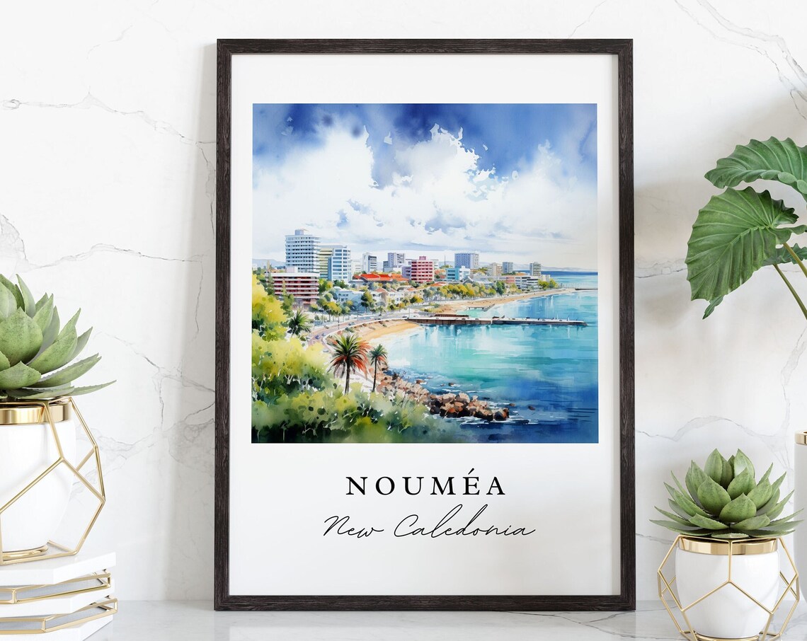 Noumea New Caledonia Coastal City Bay Watercolor Travel Poster
