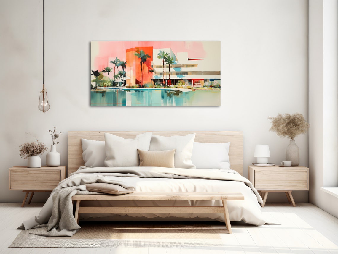 Miami Art Deco Hotel Pool Palm Trees Retro Cityscape Wall Art - Image 2