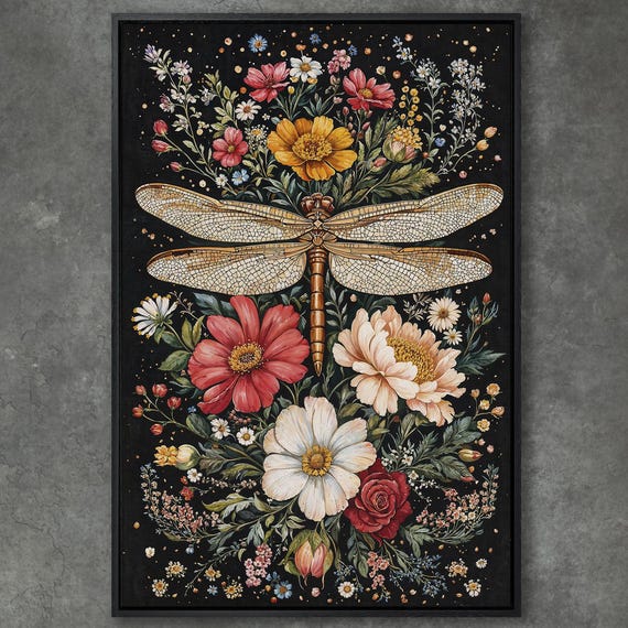Exquisite Dragonfly And Floral Art Framed Print Botanical Floral Painting Print For Living Room Decor Ready To Hang Gift For Mom
