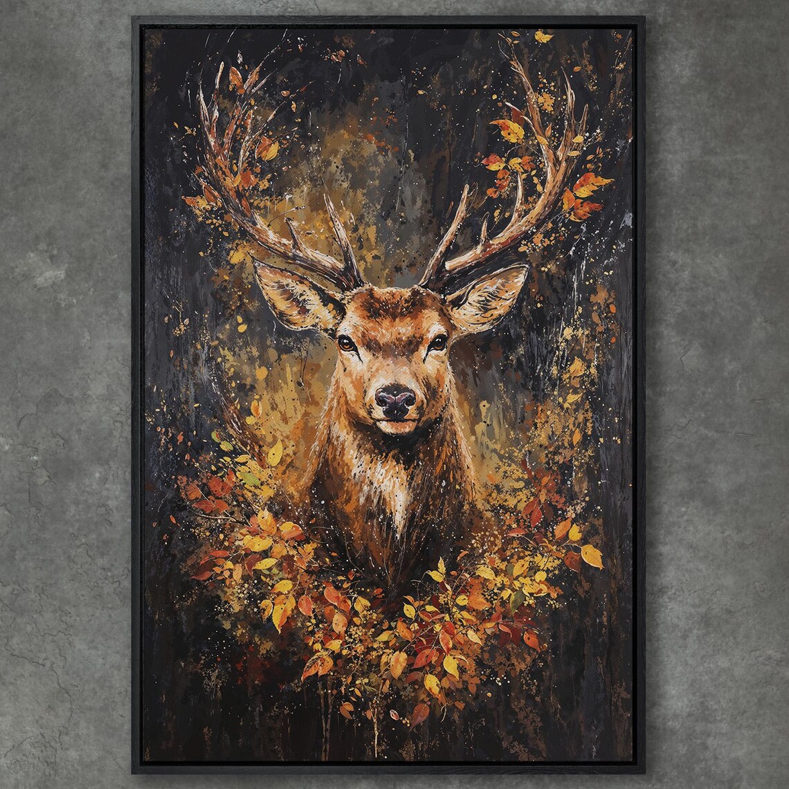 Expressive Stag Painting With Autumn Foliage on Dark Art Poster