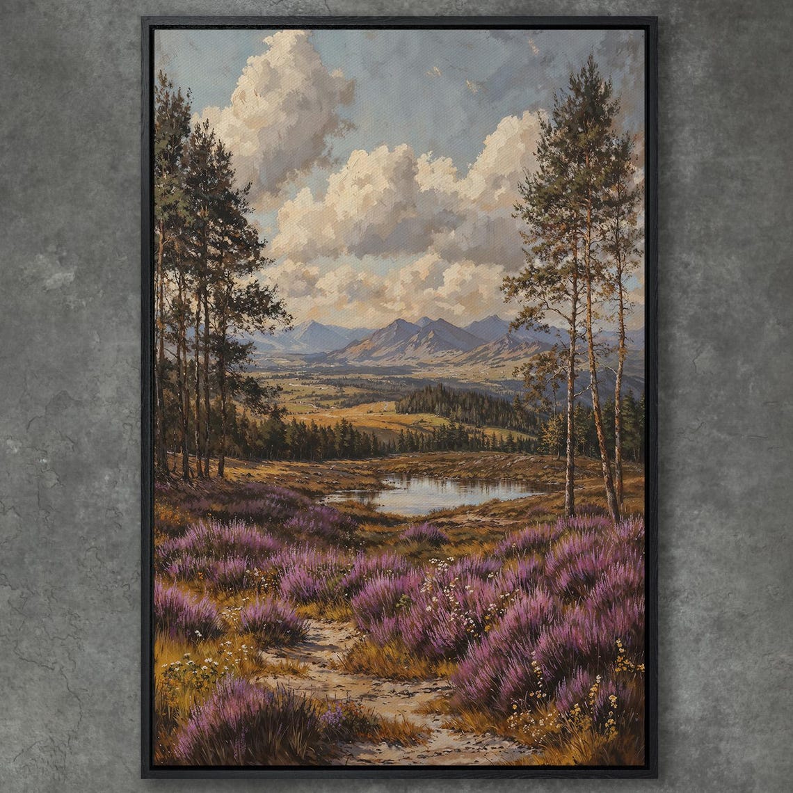 Mountain Valley Vista With Pine Trees and Heather Field Poster