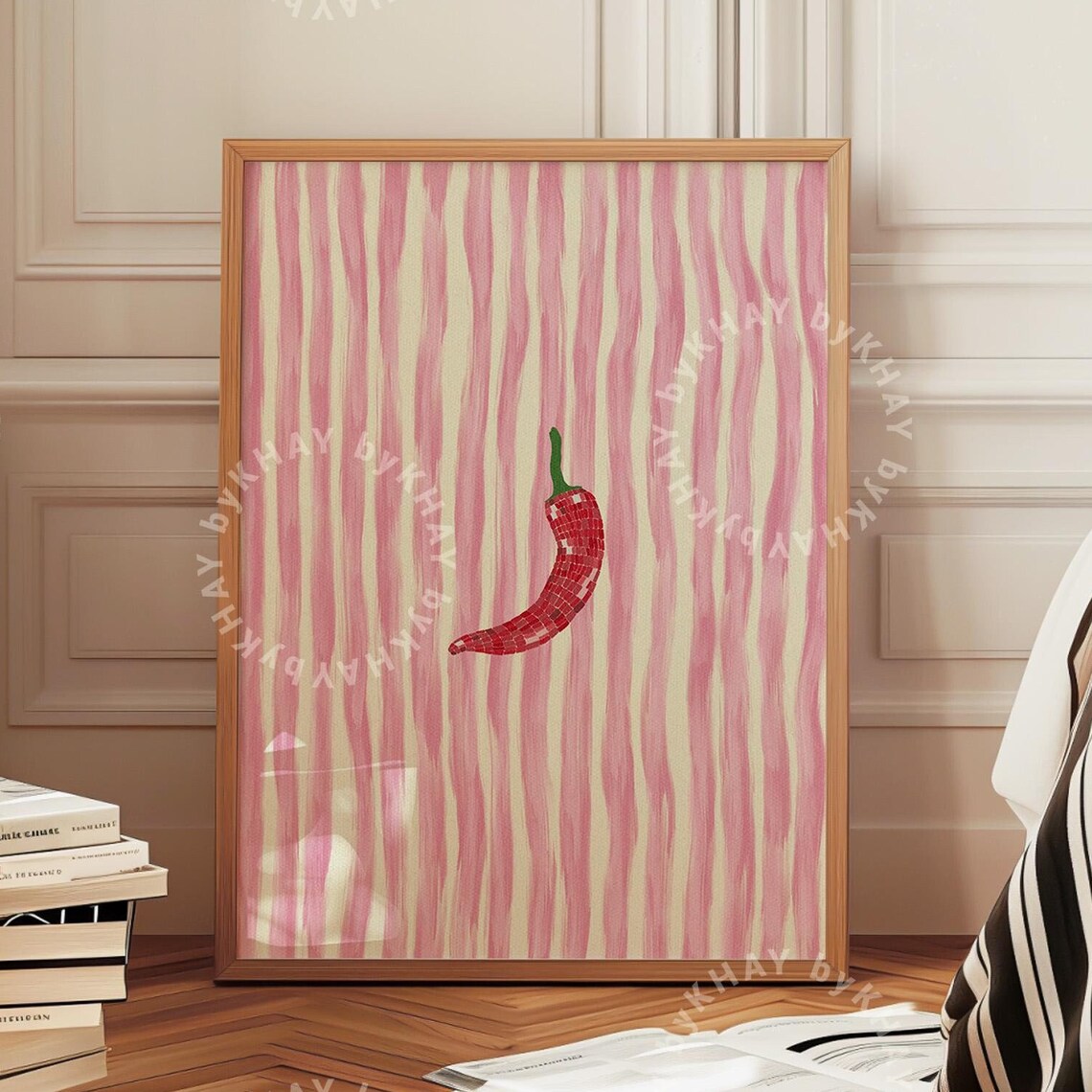 Chilli Print Kitchen Stripe Art Print, Trendy Food