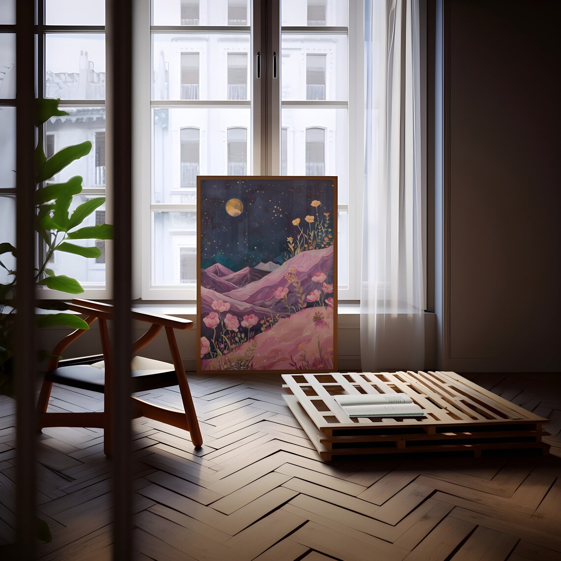 Moon Above The Mountains And Flowers Art Print, Celestial - Image 4