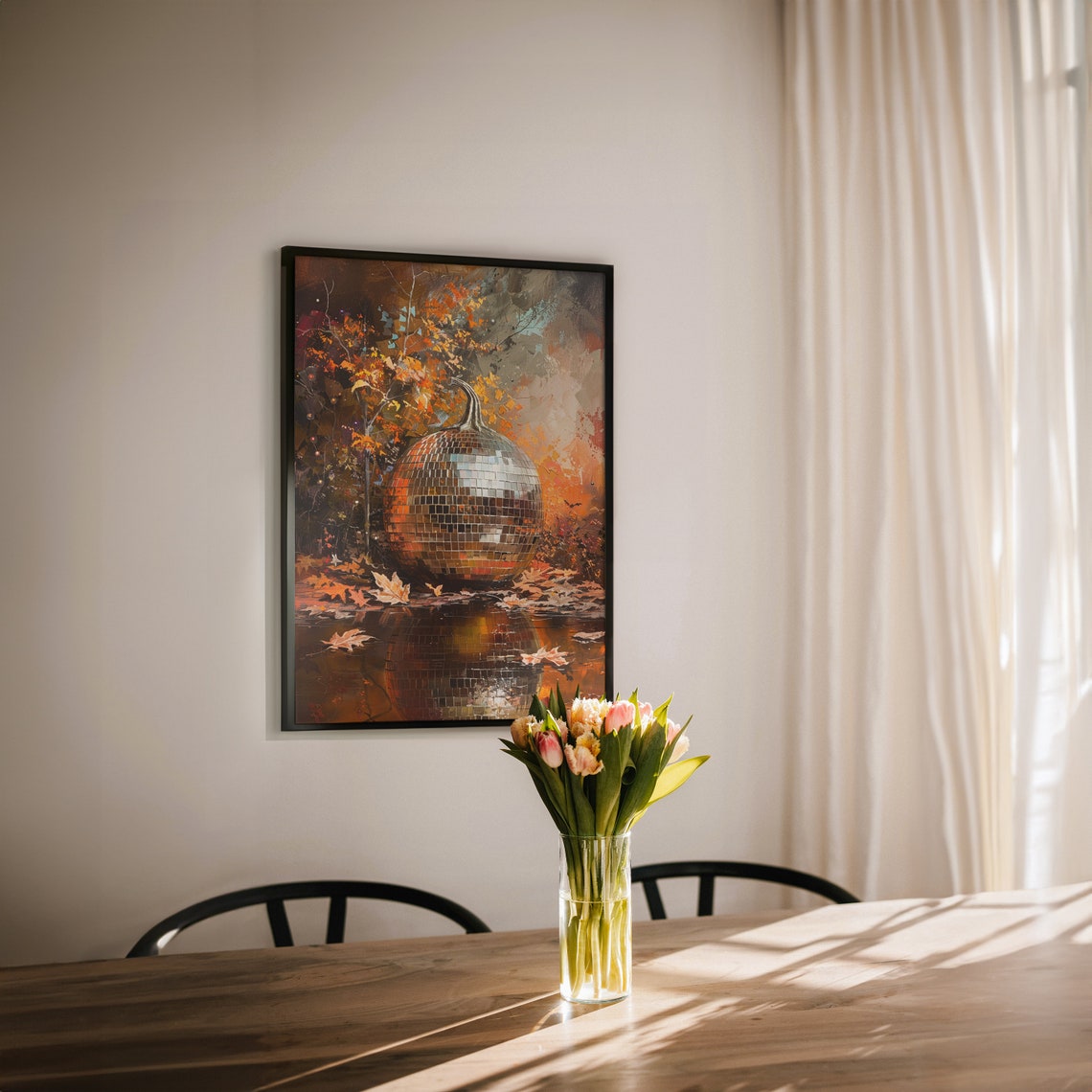 Glittering Disco Ball Pumpkin Among Autumn Leaves Fall Wall Art - Image 3