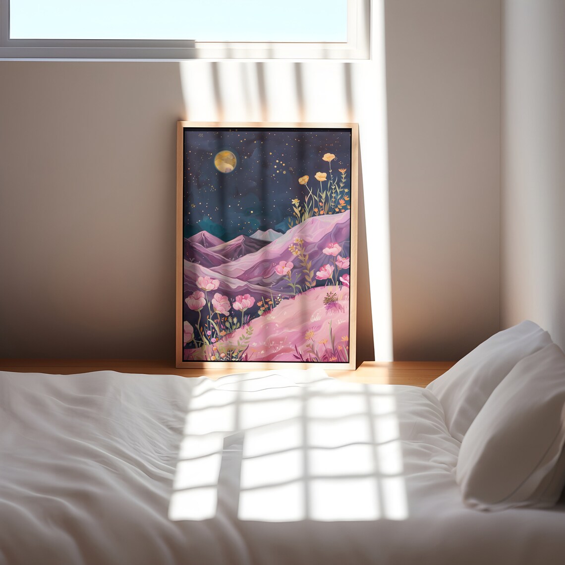 Moon Above The Mountains And Flowers Art Print, Celestial - Image 2