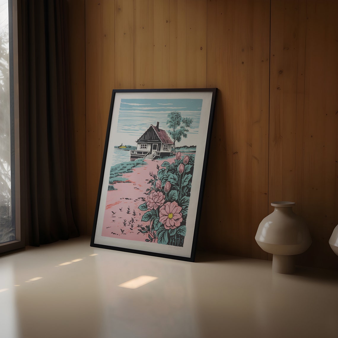 Cottagecore Cottage by the Water With Big Pink Flowers Art Print - Image 2