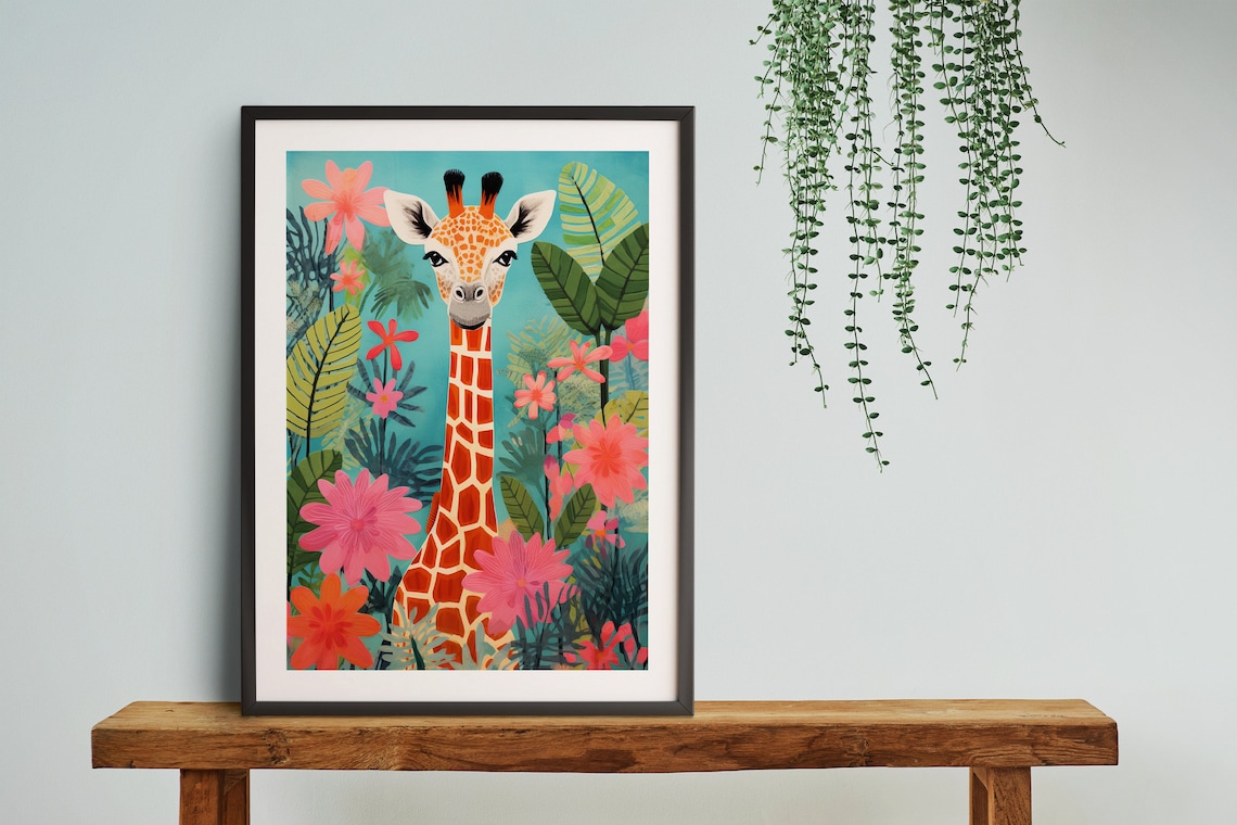 Giraffe In Pastel Botanical Jungle Art Print - Image 2