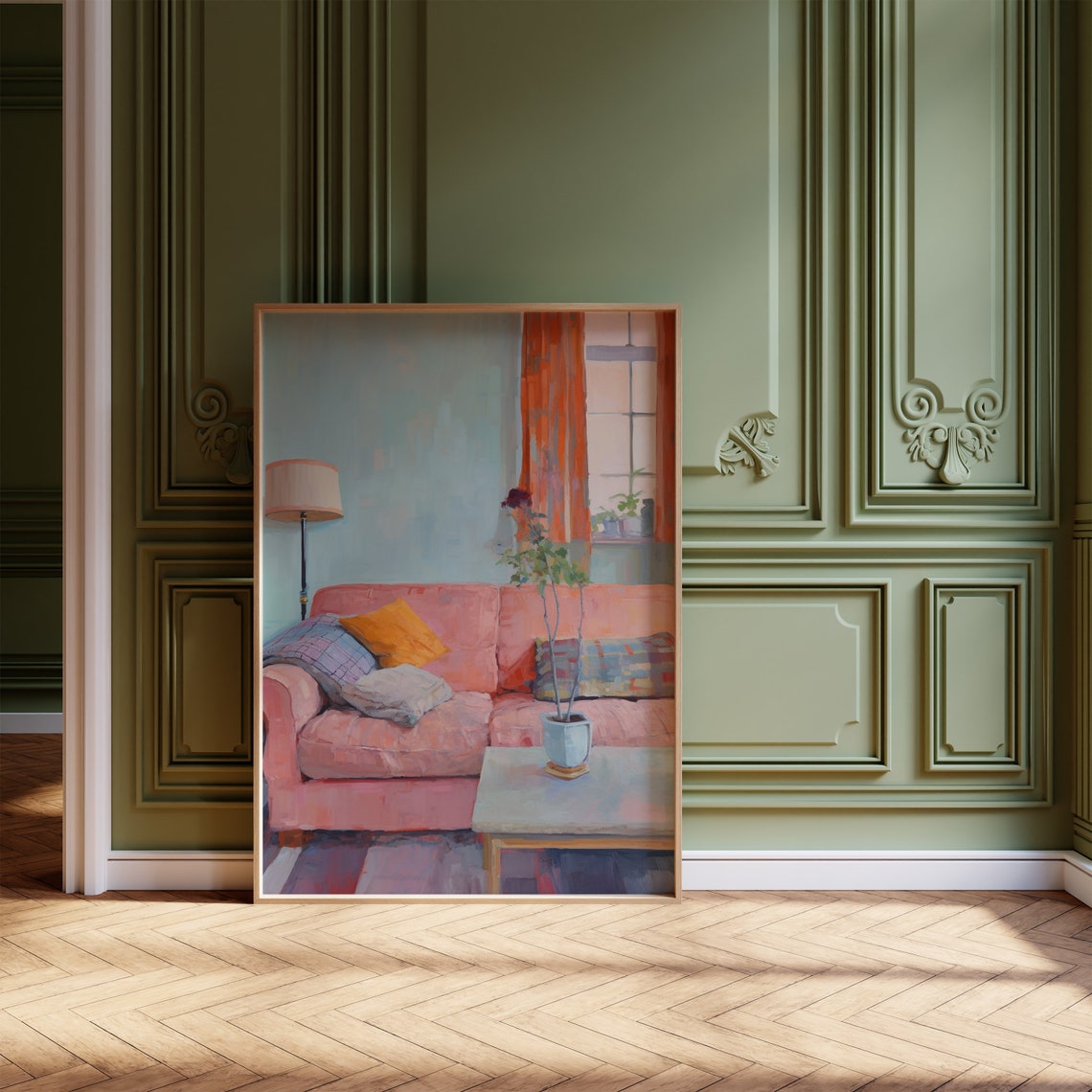 Cozy 1970s Style Pastel Living Room Pink Sofa Retro Art Print - Image 2