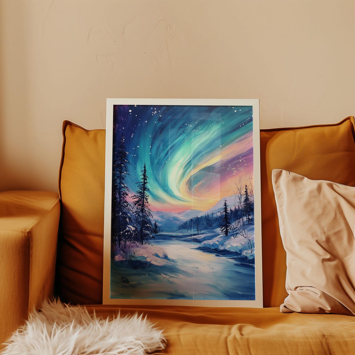 Northern Lights Aurora Over Snowy River Painterly Style Art Print - Image 3
