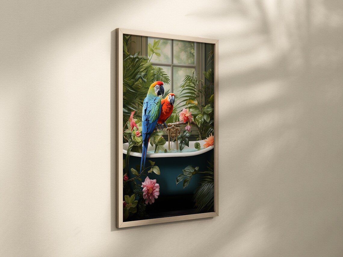 Parrot in Jungle Bathroom Art Print, Retro Botanical - Image 2