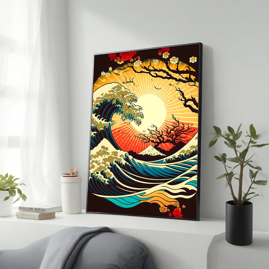 Hokusai Great Wave Mount Fuji Cherry Blossom Sunrise Japanese Art Poster