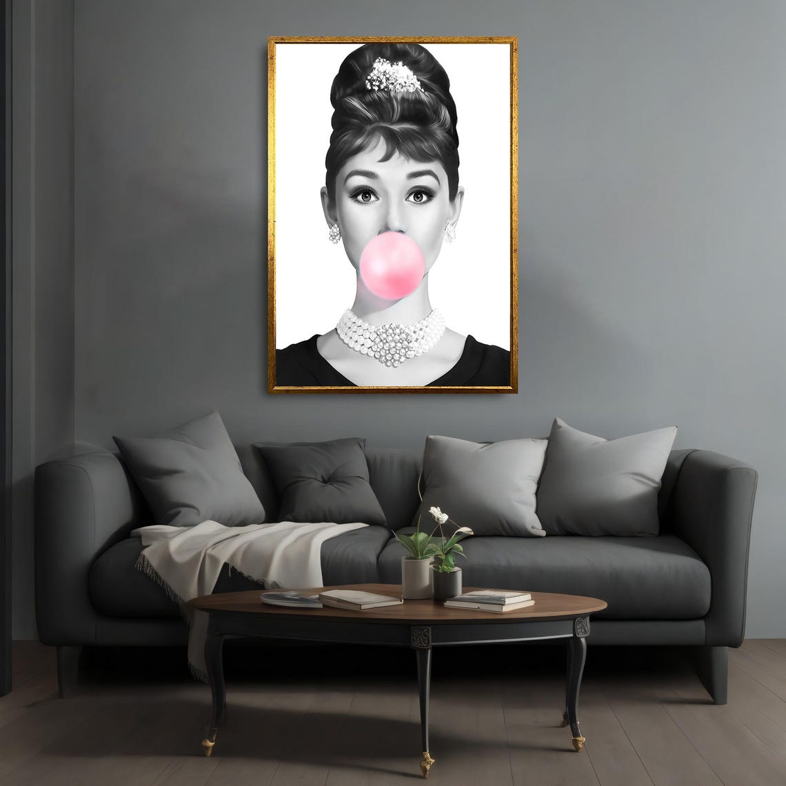 Audrey Hepburn Blowing Pink Bubblegum Pop Portrait Black White Poster - Image 4