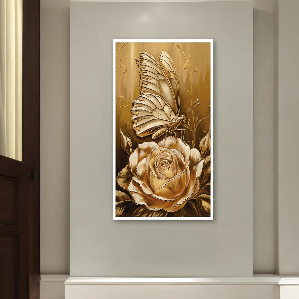 Golden Butterfly on Golden Rose Metallic Luxury Nature Art Poster - Image 2