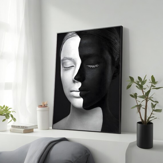 Split Face Black White Woman Portrait Yin Yang Modern Poster